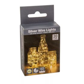   Ezüst , meleg 95cmdrótkábeles vízálló féyfüzér 20 LED-es időzítős elemes