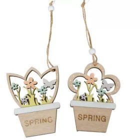 Akasztós tavaszi virágcserépmintás fa dísz 11cm