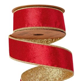  Piros bársony szalag csillogó hátoldallal, drótos szegéllyel 38mm x 5m