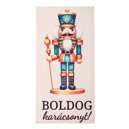 "Boldog karácsonyt!" feliratos, diótörős fa táblácska, 4 x 8cm