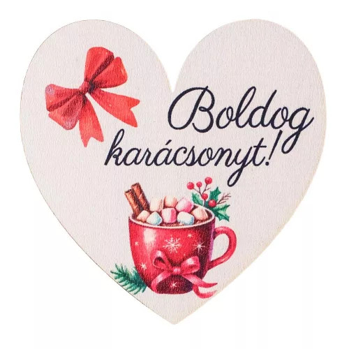 "Boldog Karácsonyt!" feliratos, forrócsokis fa szívecske 7 x 7cm