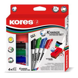   Tábla- és flipchart marker készlet mágneses táblatörlő szivaccsal, 1-3 mm, kúpos KORES, 4