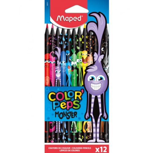 Színes ceruza készlet, háromszögletű, MAPED Color'Peps Monster, 12 különböző szín