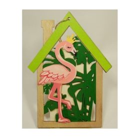Flamingó Házikóban – Akasztható fa dekoráció, 16 cm