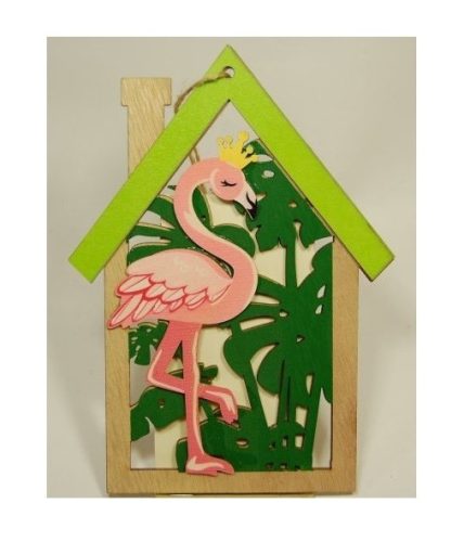 Flamingó Házikóban – Akasztható fa dekoráció, 16 cm