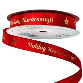   Fényes arany "Boldog Karácsonyt!" feliratos szatén szalag 12mm x 20m - Piros