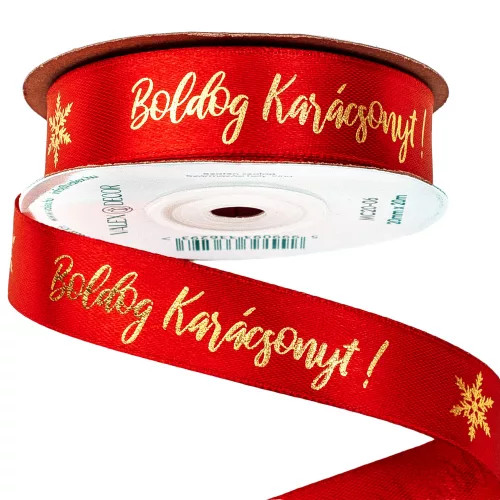 Fényes arany "Boldog Karácsonyt!" feliratos szatén szalag 20mm x 20m - Piros