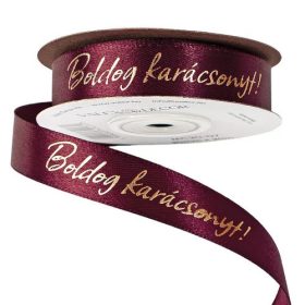   Fényes arany "Boldog Karácsonyt!" feliratos szatén szalag 20mm x 20m - Wine red