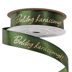   Fényes arany "Boldog Karácsonyt!" feliratos szatén szalag 20mm x 20m - Sötétzöld