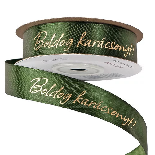 Fényes arany "Boldog Karácsonyt!" feliratos szatén szalag 20mm x 20m - Sötétzöld