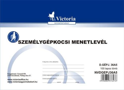 Nyomtatvány, menetlevél, személygépkocsi, 100 lap, A5, fekvő, VICTORIA PAPER, D.GÉPJ.36.