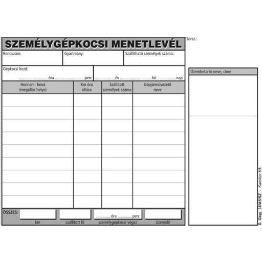 Nyomtatvány, menetlevél, személygépkocsi, 100 lap, A5, fekvő, VICTORIA PAPER, D.GÉPJ.36.